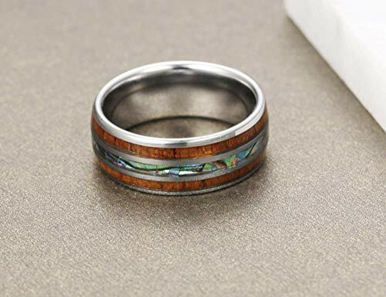 Unisex or Men's Tungsten Wedding Bands (8mm). Silver Tone Multi Color Wood and Rainbow Abalone Shell Inlay Ring (Organic colors)