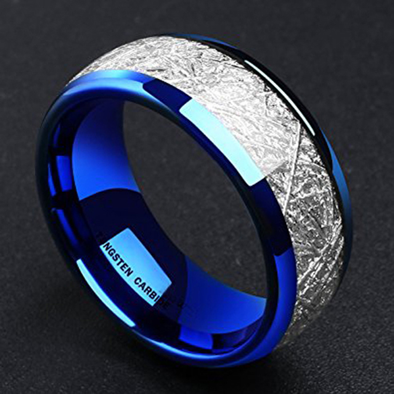 Women's or Men's Tungsten Wedding Band (8mm). Blue Tone Ring with Inspired Meteorite. Domed Top Tungsten Carbide Comfort Fit.