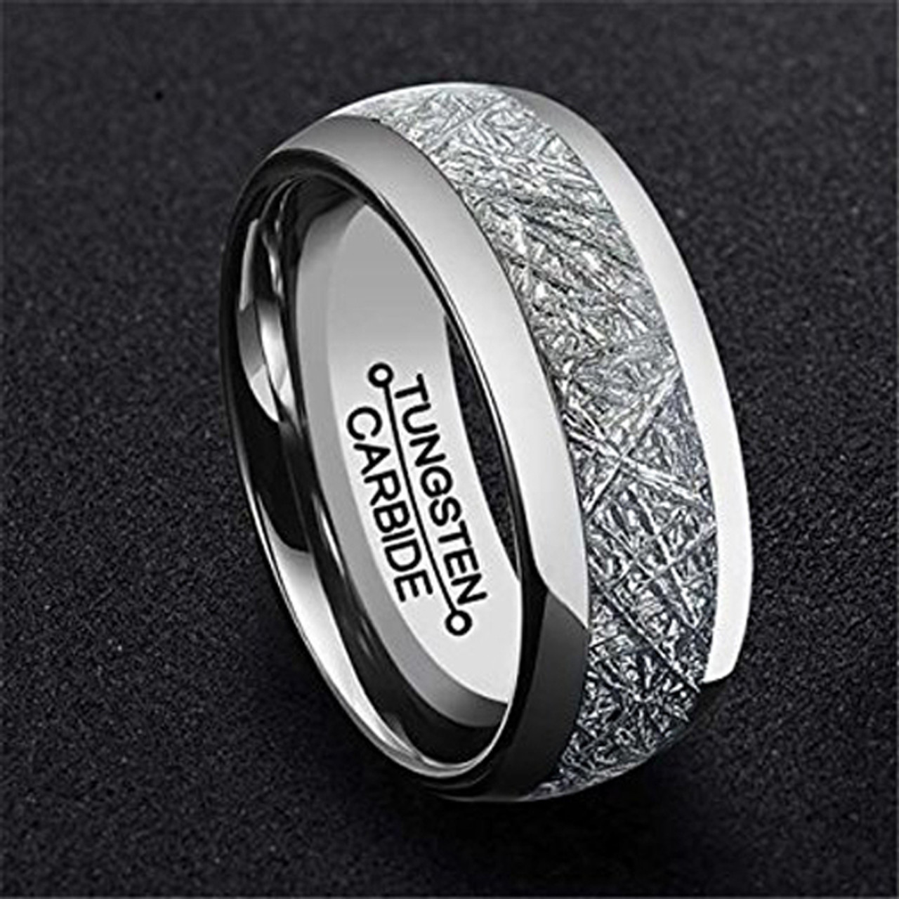 Women's or Men's Tungsten Wedding Band (8mm). Silver Tone Ring with Inspired Meteorite. Domed Top Tungsten Carbide Comfort Fit.