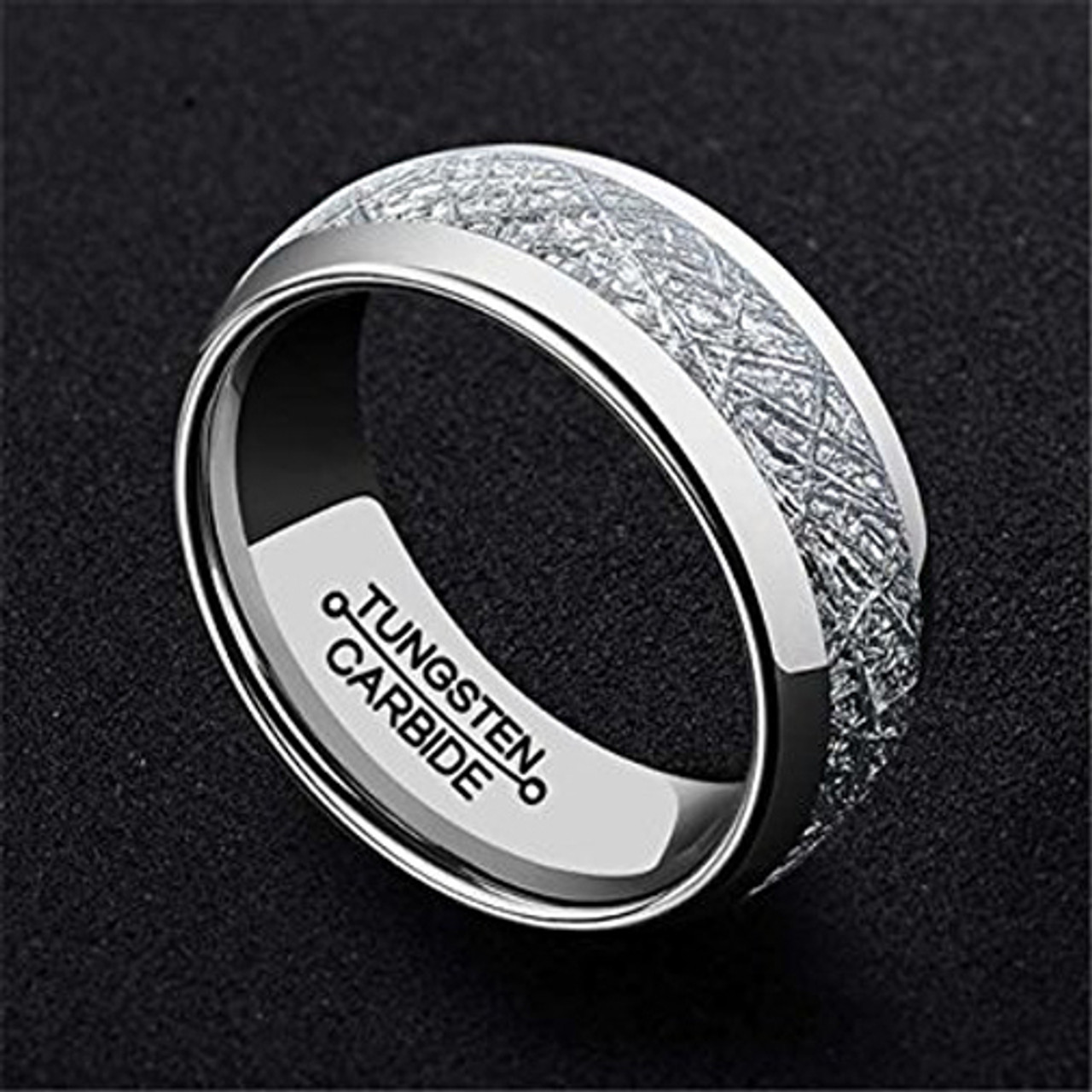 Women's or Men's Tungsten Wedding Band (8mm). Silver Tone Ring with Inspired Meteorite. Domed Top Tungsten Carbide Comfort Fit.