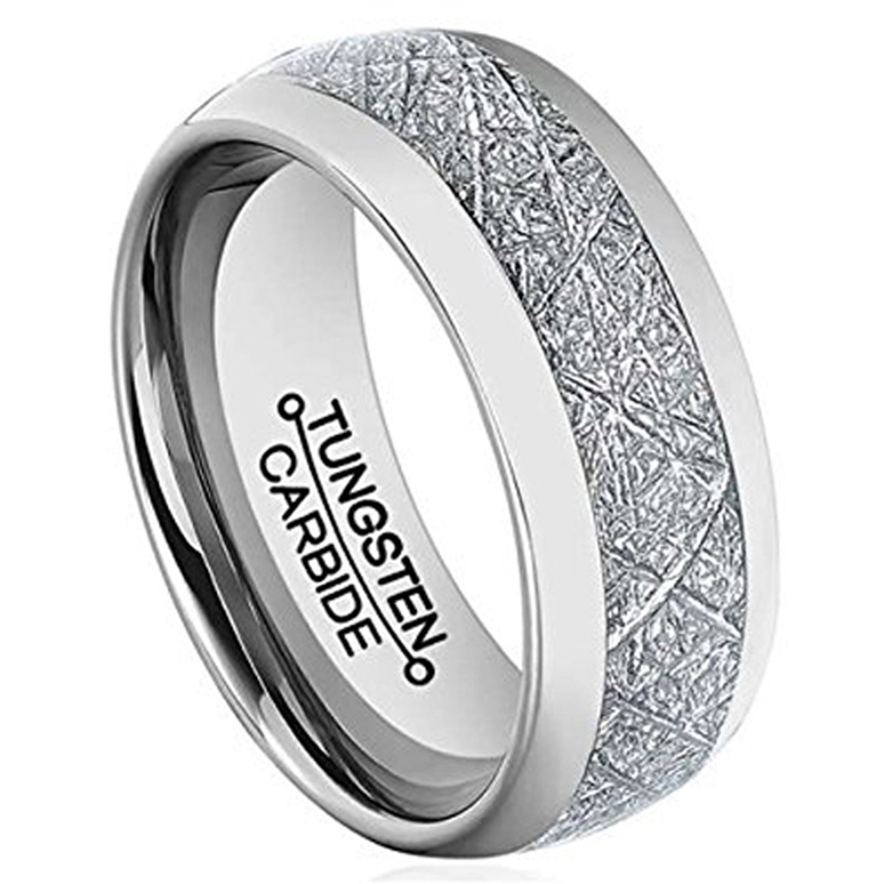 Women's or Men's Tungsten Wedding Band (8mm). Silver Tone Ring with Inspired Meteorite. Domed Top Tungsten Carbide Comfort Fit.