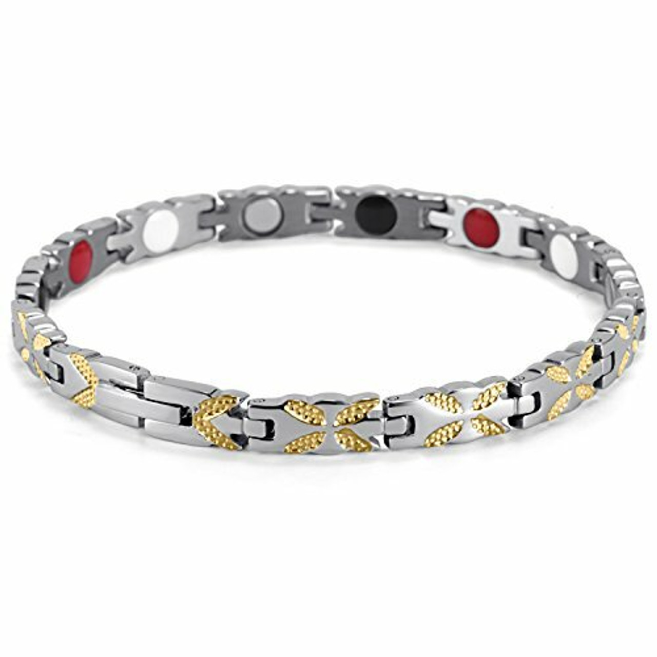 8" Inch - Magnetic Stainless Steel Bracelet Womens - Gold and Silver Tone Women's Stainless Steel Magnetic Bracelet with magnets, far infrared, germanium and negative Ion technology)