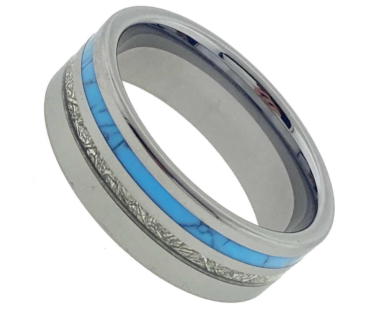 Men's or Women's Wedding Tungsten Wedding Band (8mm). Silver Tungsten Band with Blue Turquoise and Inspired Meteorite Inlay. Pipe Cut Tungsten Carbide Ring. Comfort Fit