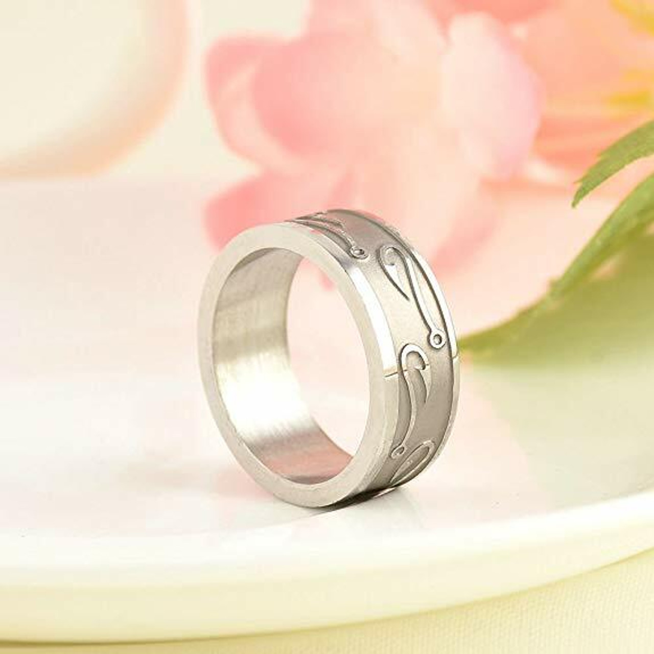 Men's Fishing Ring / Fisherman's Wedding Band (8mm). Silver Titanium Band with Embossed Fish Hooks. Wedding Band Comfort Fit Ring 