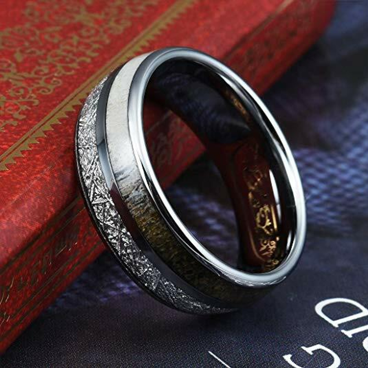 Women's or Men's Tungsten Steel Wedding Band Ring (8mm). Silver with White Antler and Inspired Meteorite Inlay. Domed Top and Comfort Fit