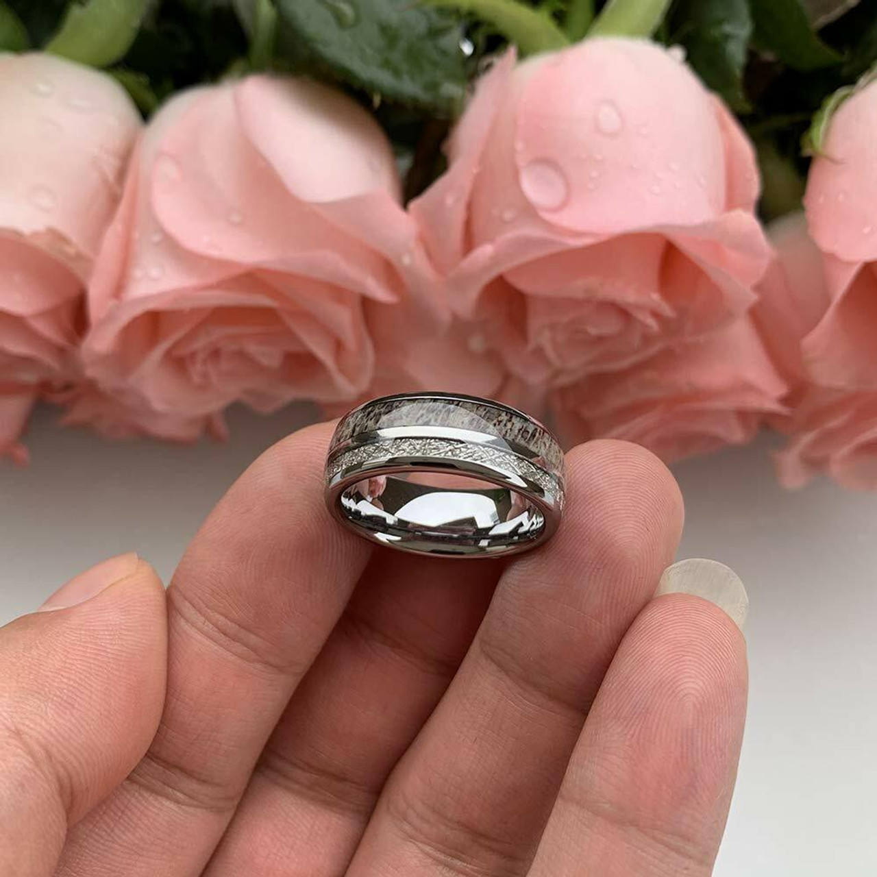 Women's or Men's Tungsten Steel Wedding Band Ring (8mm). Silver with White Antler and Inspired Meteorite Inlay. Domed Top and Comfort Fit