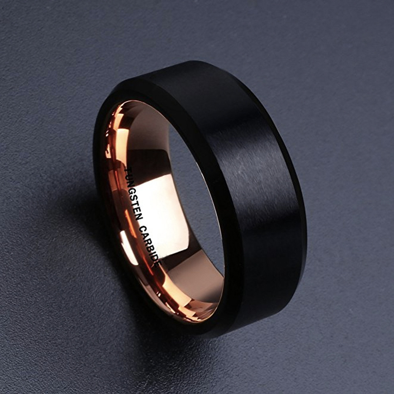 Men's Tungsten Wedding Band (8mm). Black Matte Finish Tungsten Carbide Ring with Inside Rose Gold Beveled Edge. Mens Wedding Bands