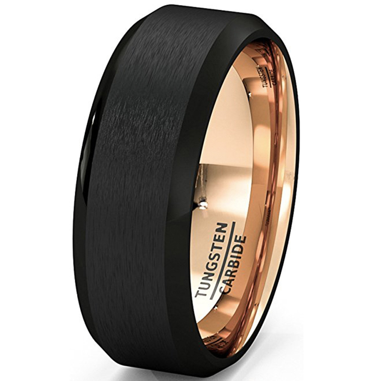 Men's Tungsten Wedding Band (8mm). Black Matte Finish Tungsten Carbide Ring with Inside Rose Gold Beveled Edge. Mens Wedding Bands