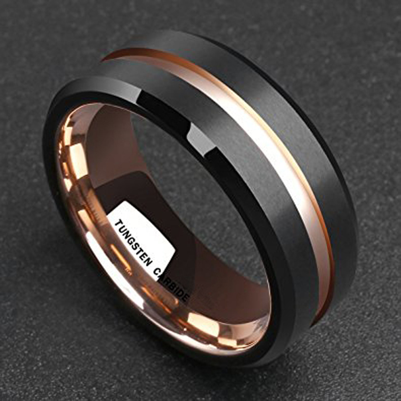 Men's Tungsten Wedding Band (8mm). Brown Matte Finish Tungsten Carbide Ring with Rose Gold Beveled Edge