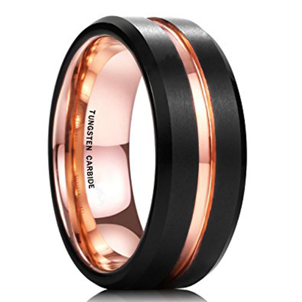 Men's Tungsten Wedding Band (8mm). Black Matte Finish Tungsten Carbide Ring with Rose Gold Beveled Edge 