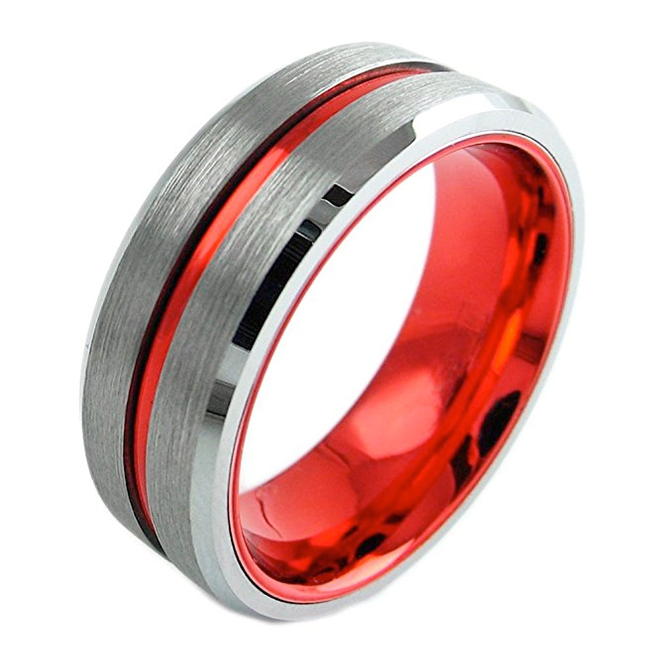 Men's Tungsten Wedding Band (8mm). Silver Matte Finish with Double Red Tone Tungsten Carbide Ring. Beveled Edge