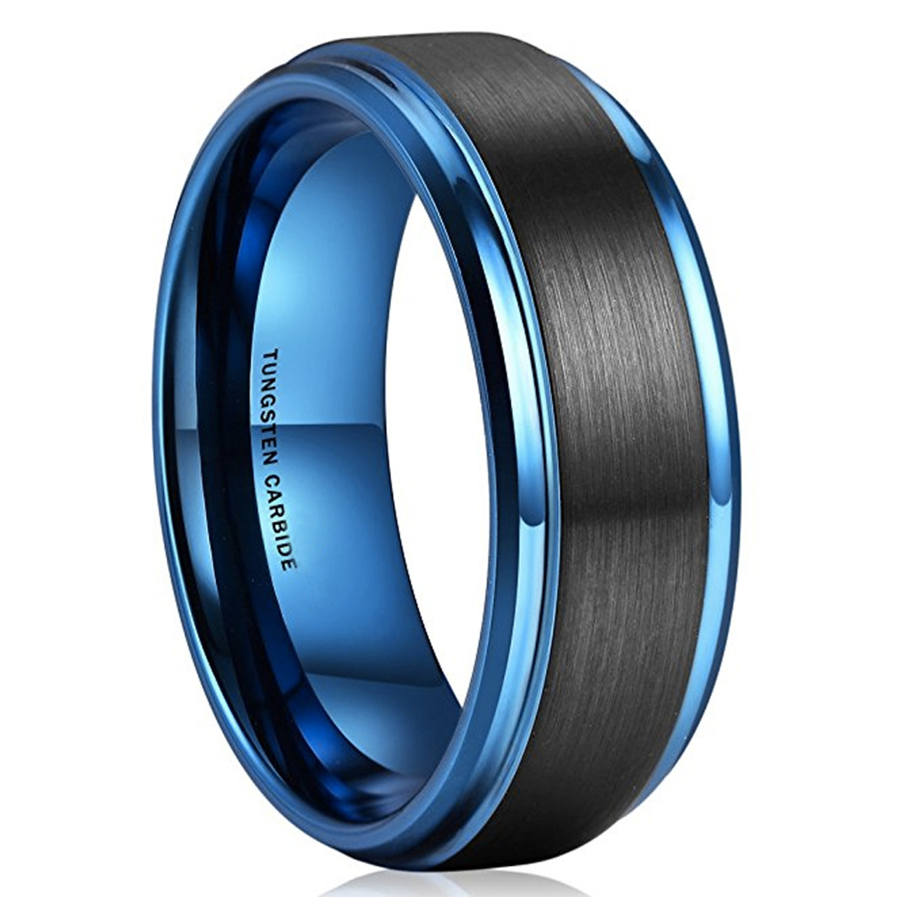 Men's Tungsten Wedding Bands (8mm). Black and Blue Tungsten Ring. Inside High Polish. Comfort Fit 