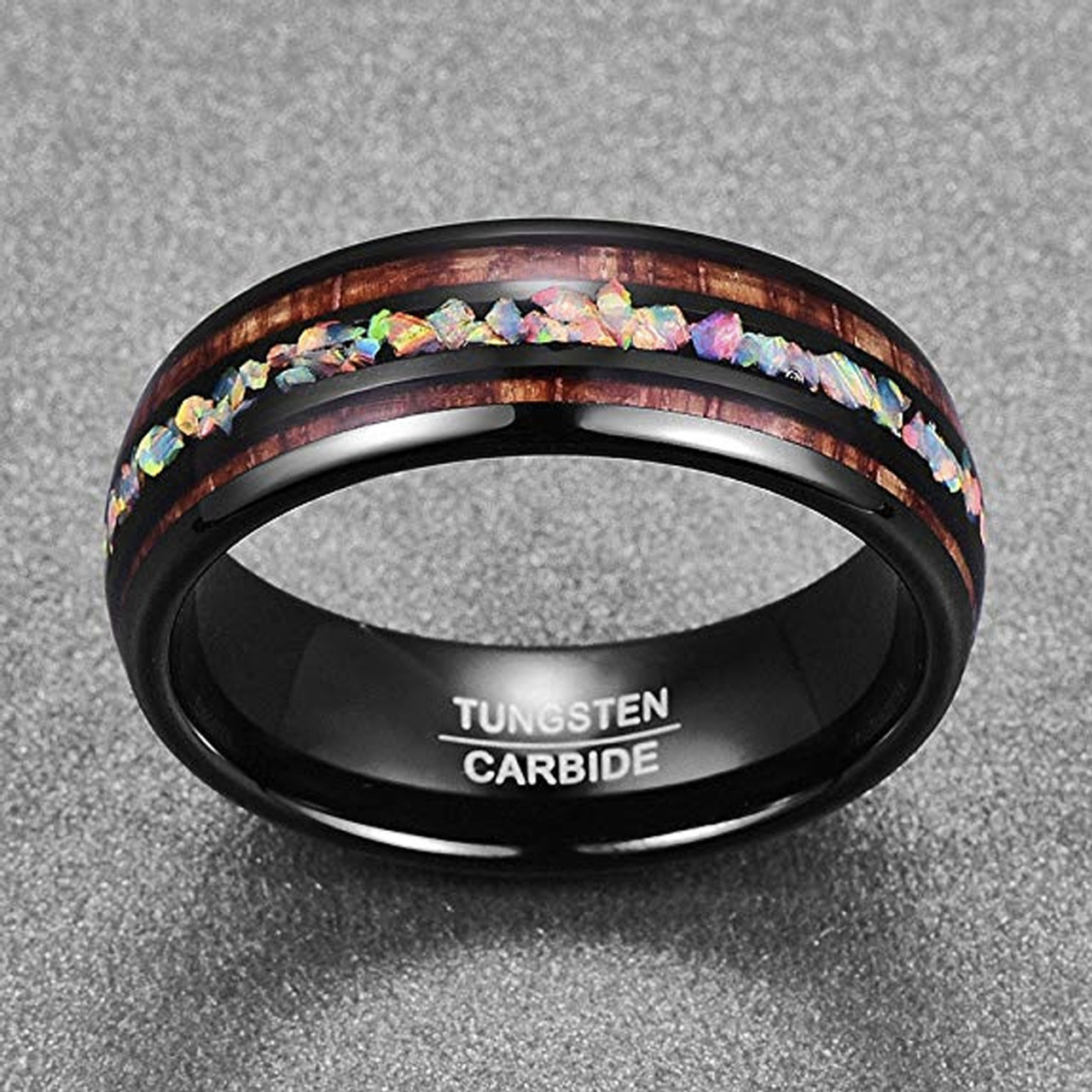 Gay and Lesbian Women's or Men's Tungsten Wedding Bands (8mm). Black Tone Multi Color Wood and Rainbow Opal Inlay Ring (Organic colors)