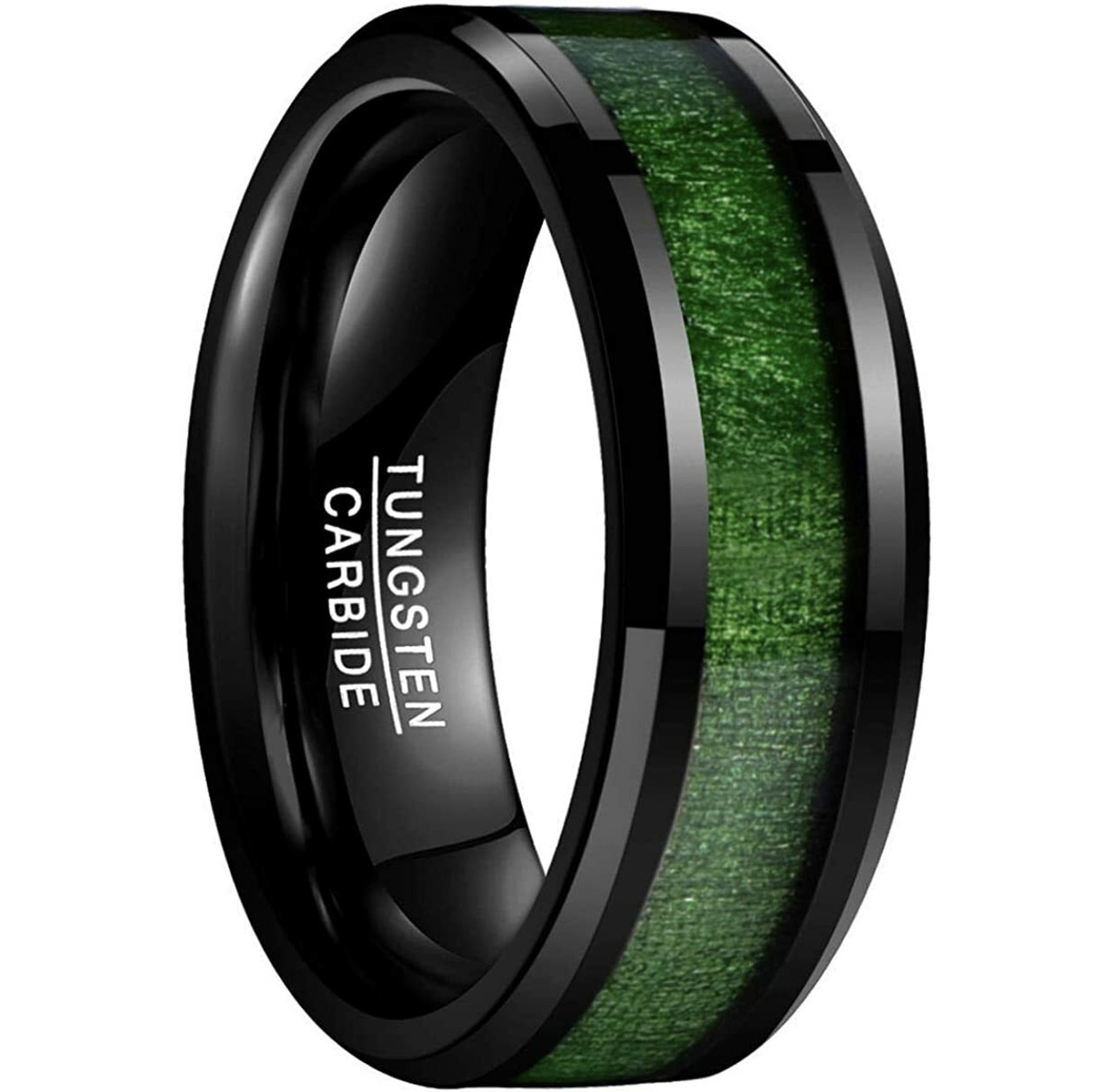 Men's Tungsten Wedding Bands (8mm). Black with High Polish Green Wood Inlay and Beveled Edges