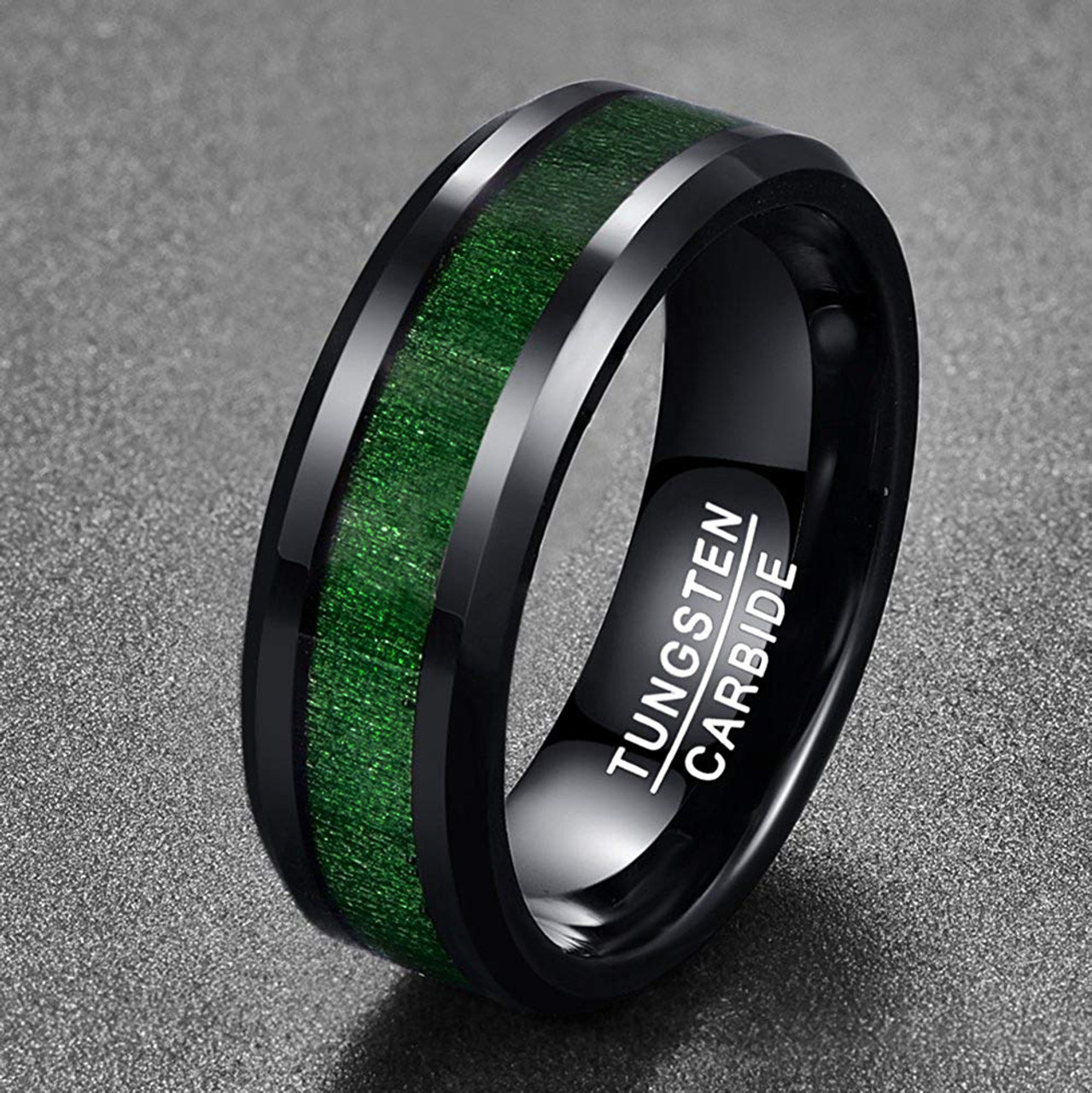 Men's Tungsten Wedding Bands (8mm). Black with High Polish Green Wood Inlay and Beveled Edges