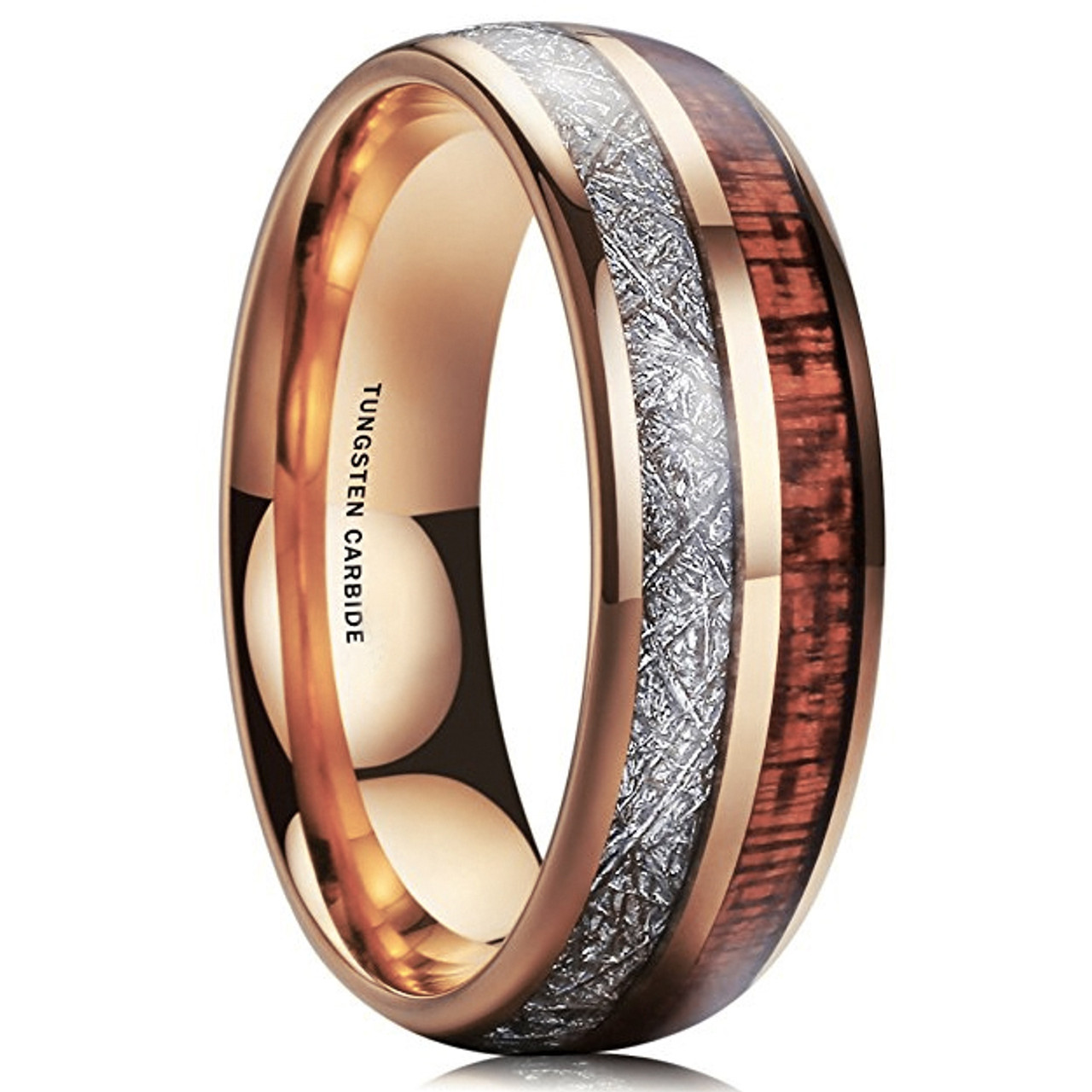Men's Wedding Tungsten Wedding Band (8mm). Rose Gold Tungsten Band with Wood Inlay and Inspired Meteorite. Domed Tungsten Carbide Ring. Comfort Fit 