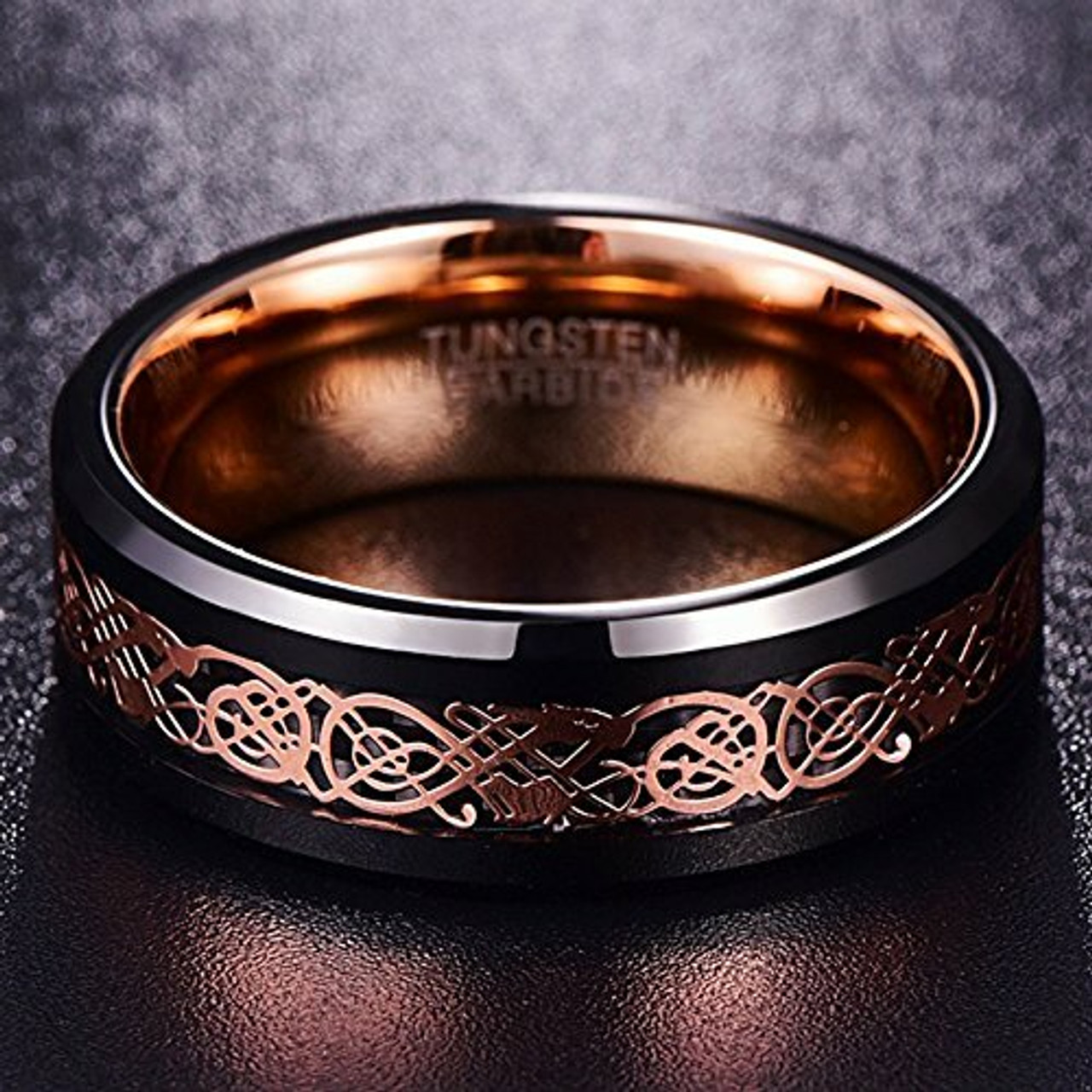 Unisex or Men's Tungsten Wedding Band (8mm). Celtic Wedding Band Black with Inner and Top Rose Gold Resin Inlay Celtic Knot