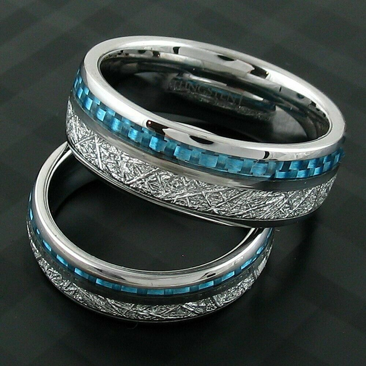 Women's or Men's Wedding Tungsten Wedding Band (8mm). Silver Tungsten Band with Blue Carbon Fiber Inlay and Inspired Meteorite. Domed Tungsten Carbide Ring. Comfort Fit 