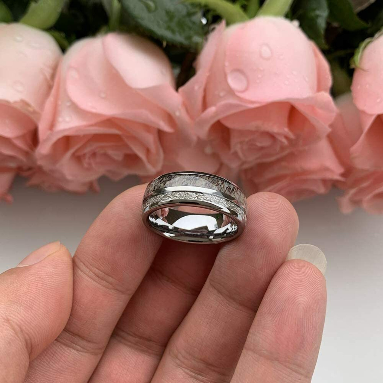 Men's Wedding Tungsten Wedding Band (8mm). Wood Inlay with Inspired Meteorite. Domed Tungsten Carbide Ring. Comfort Fit 