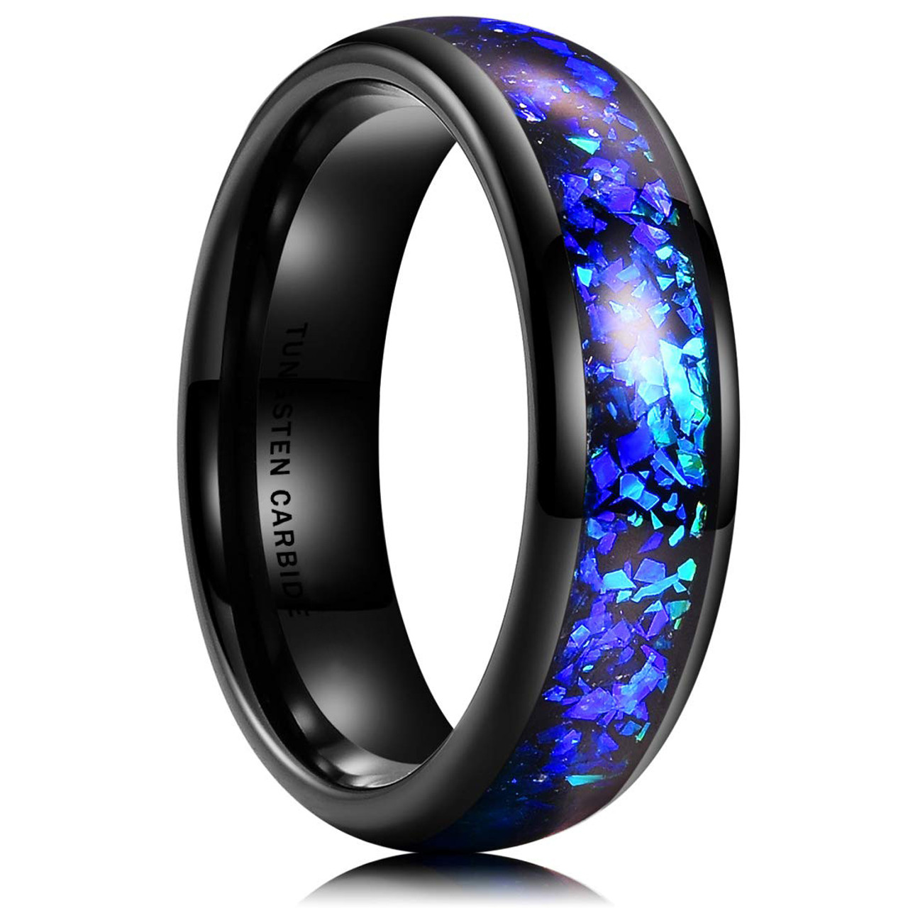 Women's Tungsten Wedding Bands (6mm). Black Band with Bright Blue Inlay Design