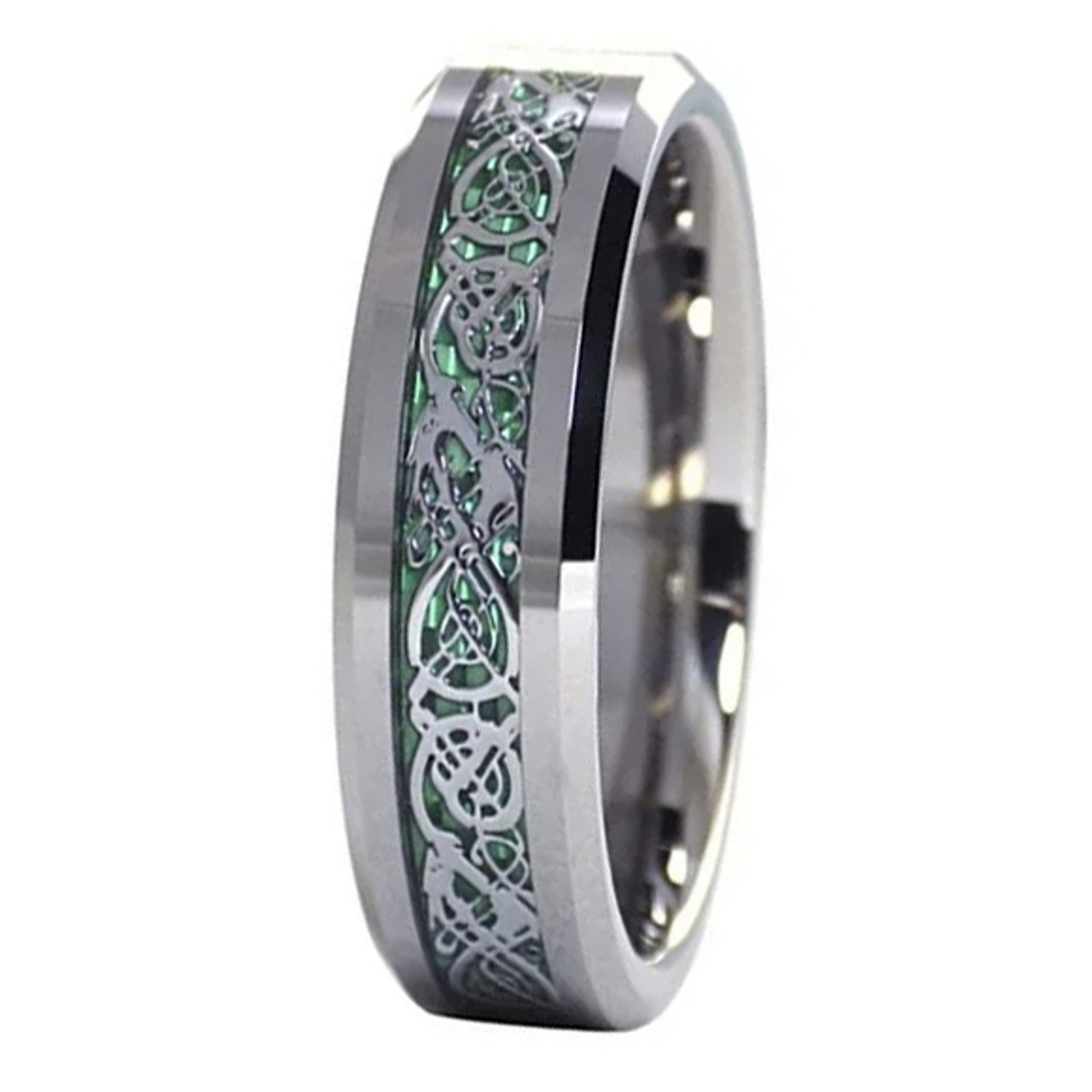 Women's Tungsten Wedding Band (6mm). Silver Celtic Wedding Band with Green Resin Inlay. Tungsten Carbide Celtic Knot Ring
