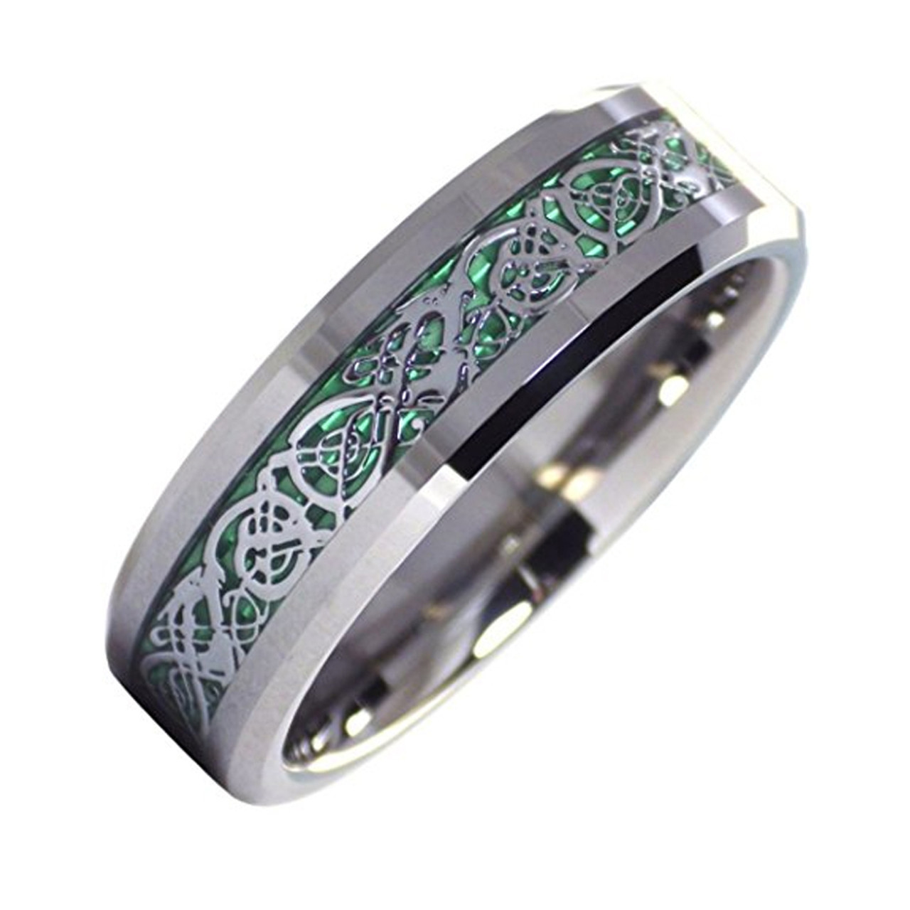 Women's Tungsten Wedding Band (6mm). Silver Celtic Wedding Band with Green Resin Inlay. Tungsten Carbide Celtic Knot Ring