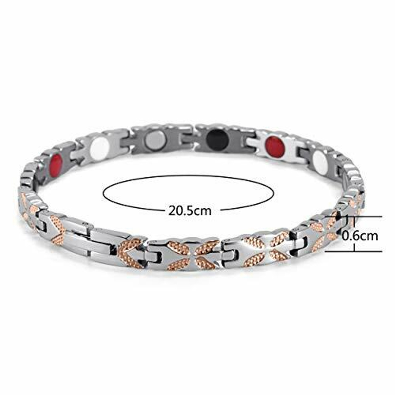8" Inch - Magnetic Stainless Steel Bracelet Womens - Rose Gold and Silver Tone Women's Stainless Steel Magnetic Bracelet with magnets, far infrared, germanium and negative Ion technology)