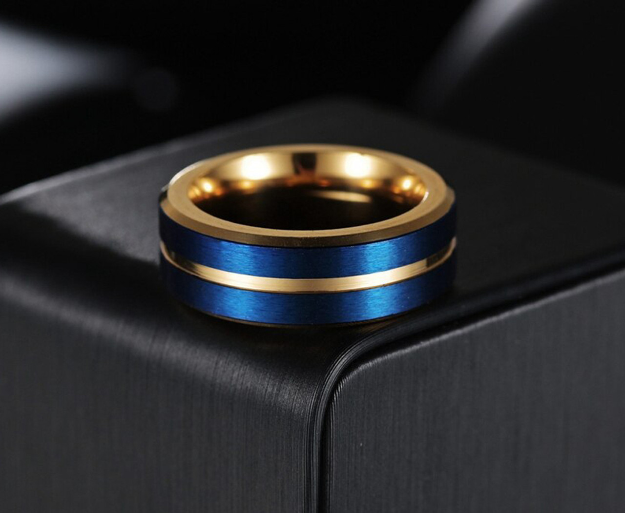 Men's Stainless Steel Wedding Bands (8mm). Blue with Gold Groove and Inner Gold. High Polish Inside and Matte Finish Brushed Top.