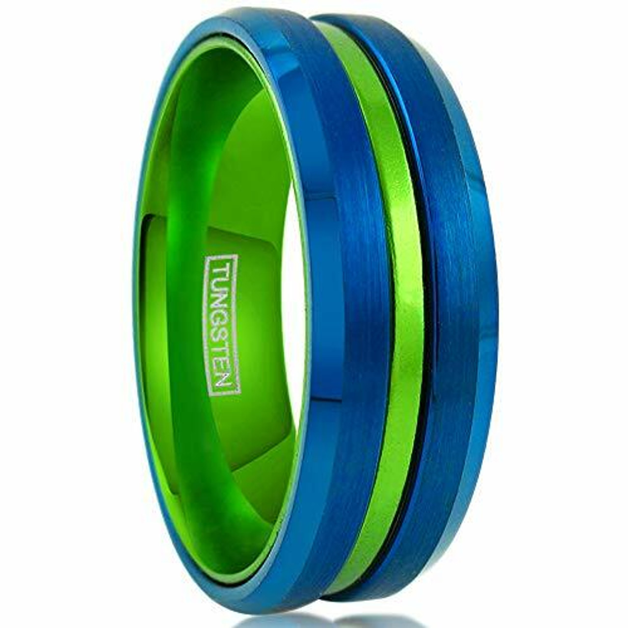 Men's Tungsten Wedding Band (8mm). Blue with Green Groove. Matte Finish Tungsten Carbide Ring. Beveled Edge