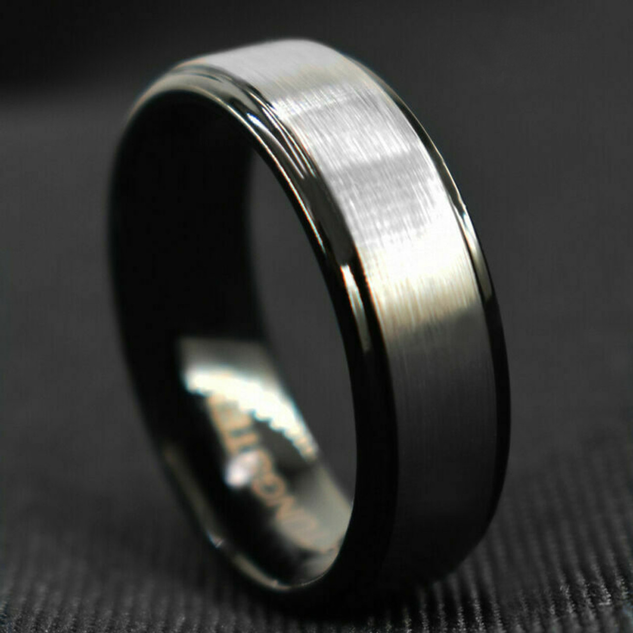 Men's Tungsten Wedding Band (8mm). Gray and Black Plated Stepped Edge Ring. Comfort Fit with Brushed Top.