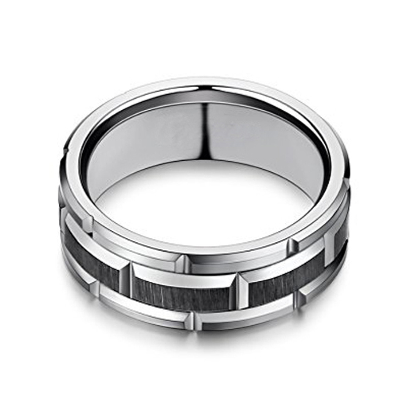 Men's Tungsten Wedding Band (8mm). Silver Tone Brick Pattern Tungsten Wedding Band Ring Comfort Fit