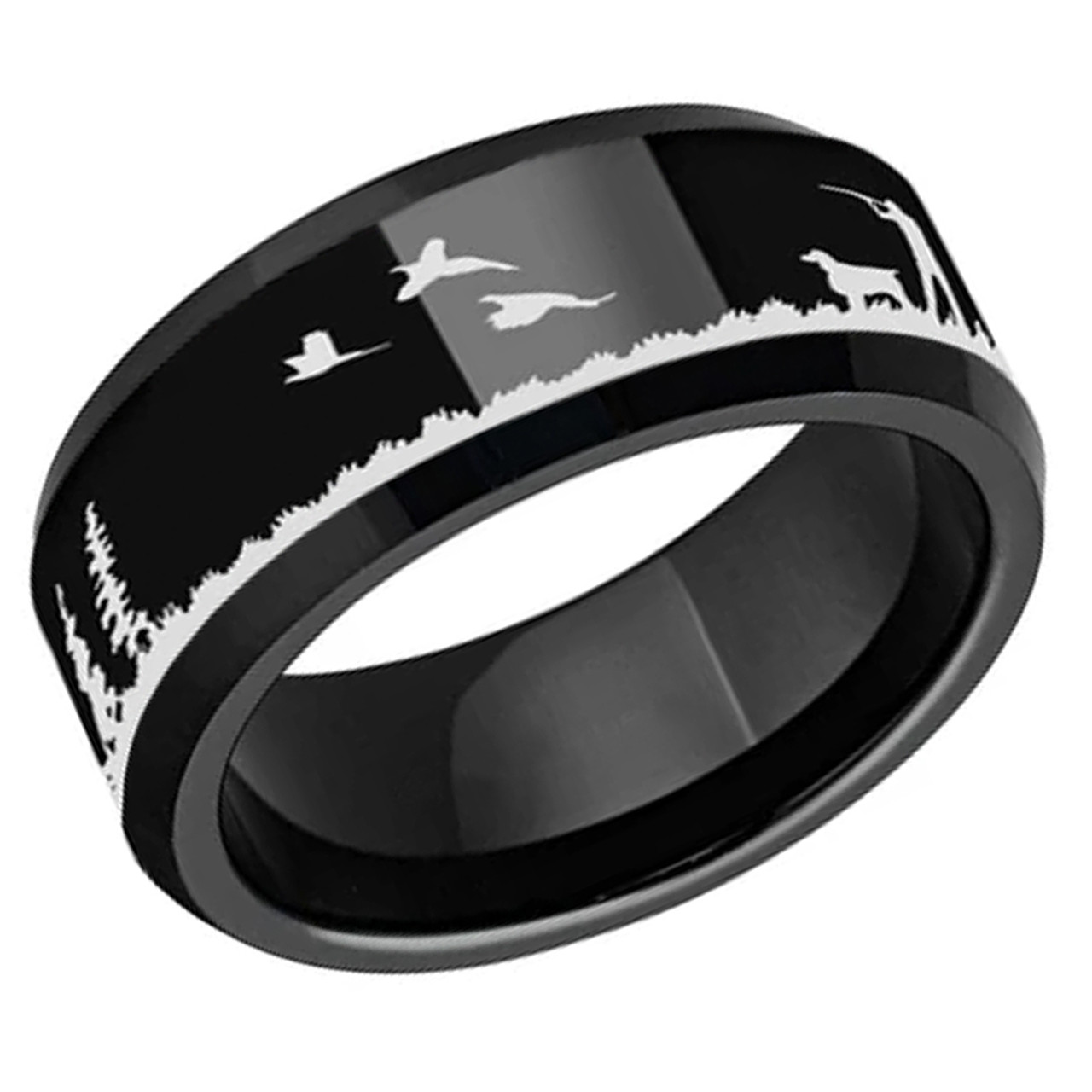 Men's Hunting Ring - Bird / Duck Hunting Wedding Band (8mm). Black Tungsten Carbide Band with Etched Silhouette. Hunter's Wedding Band Comfort Fit Ring