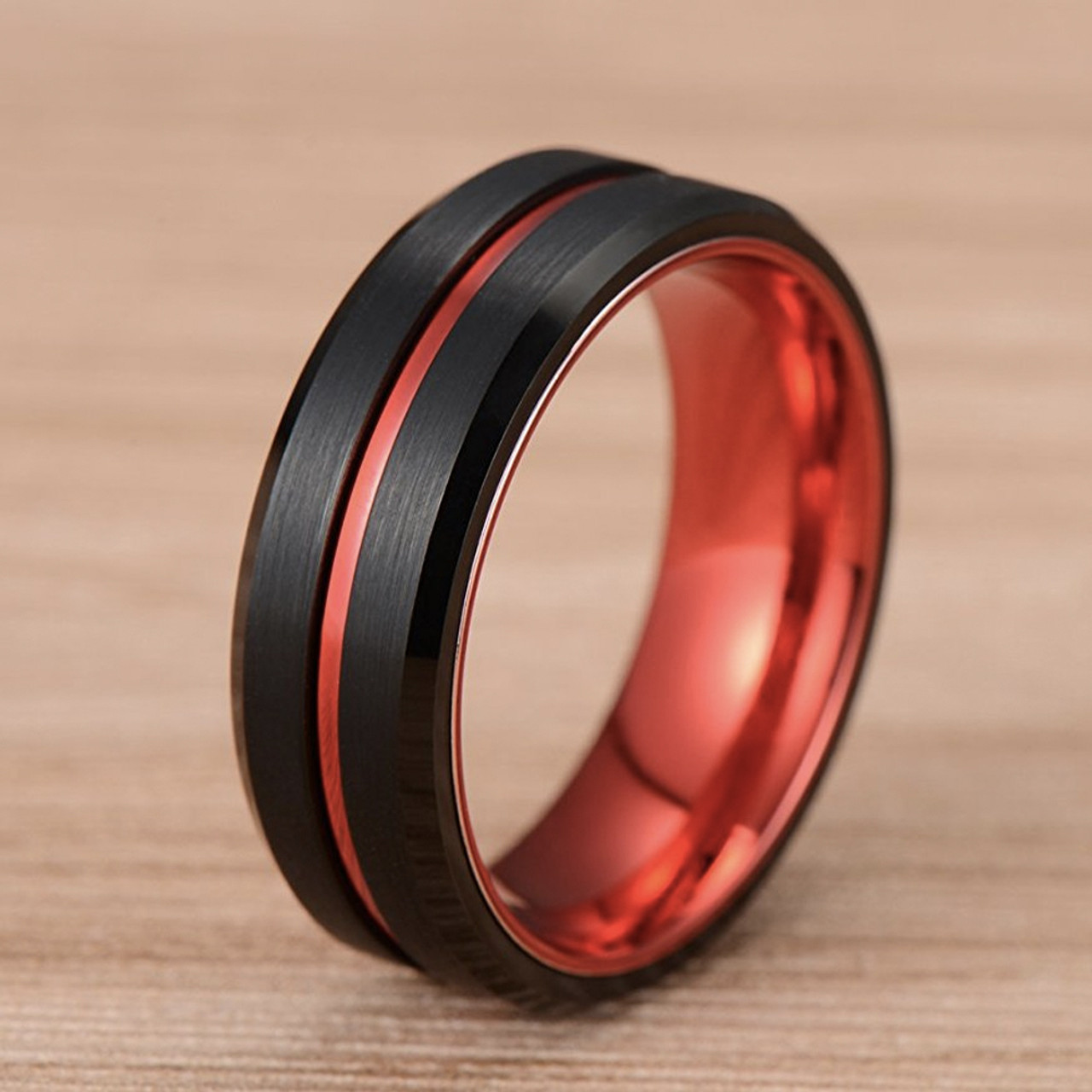 8mm - Unisex or Men's Tungsten Wedding Band. Black Matte Finish Tungsten Carbide Ring with Double Red Tone. Beveled Edge Wedding Band