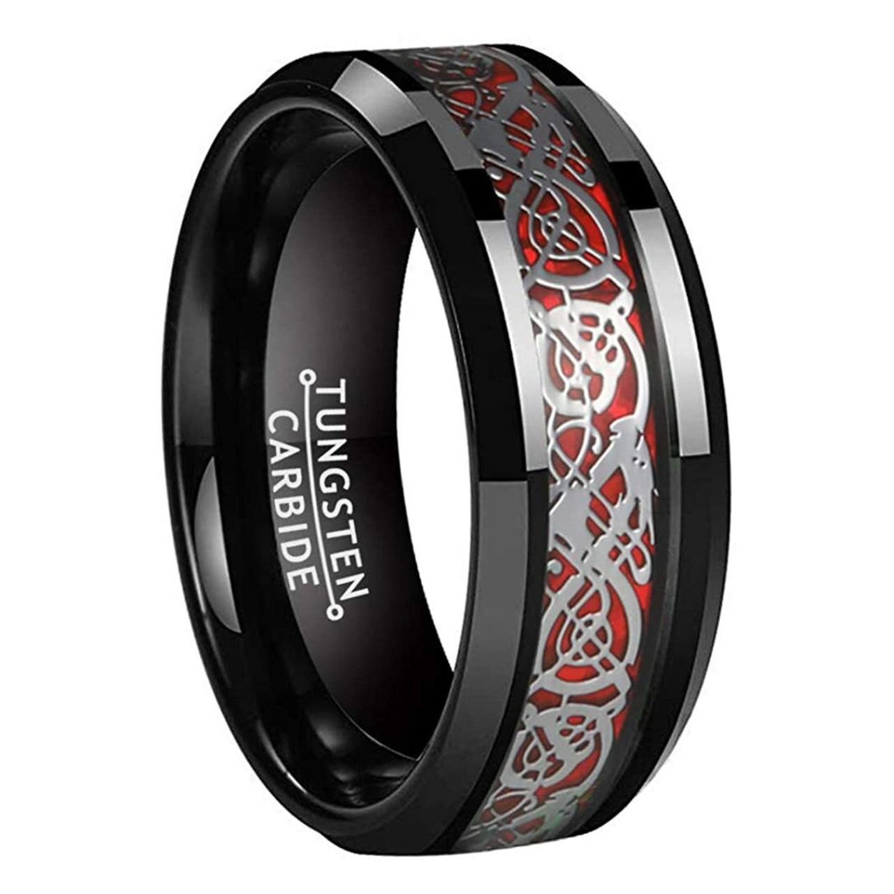 8mm - Unisex or Men's Tungsten Wedding Band. Mens Celtic Wedding Bands Black - with Red Resin Inlay and Silver Celtic Knot - Tungsten Carbide Ring 