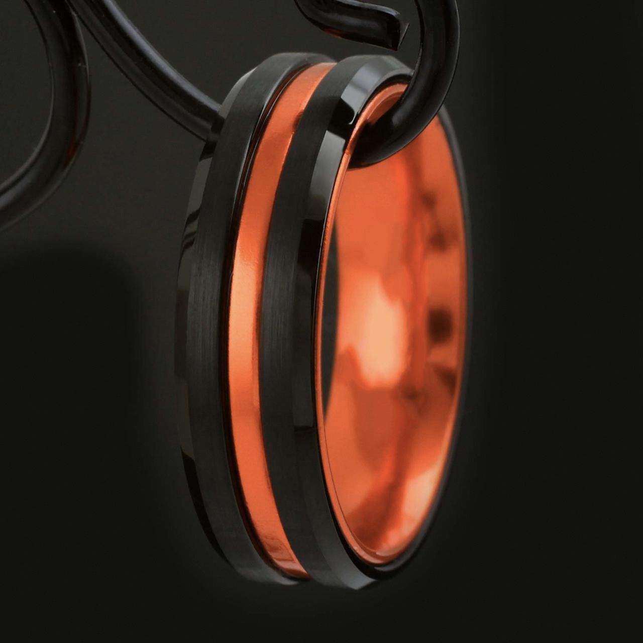 Men's Tungsten Wedding Band (8mm). Orange Stripe with Black Matte Finish Tungsten Carbide Ring with Double Orange Tone. Beveled Edge Wedding Band