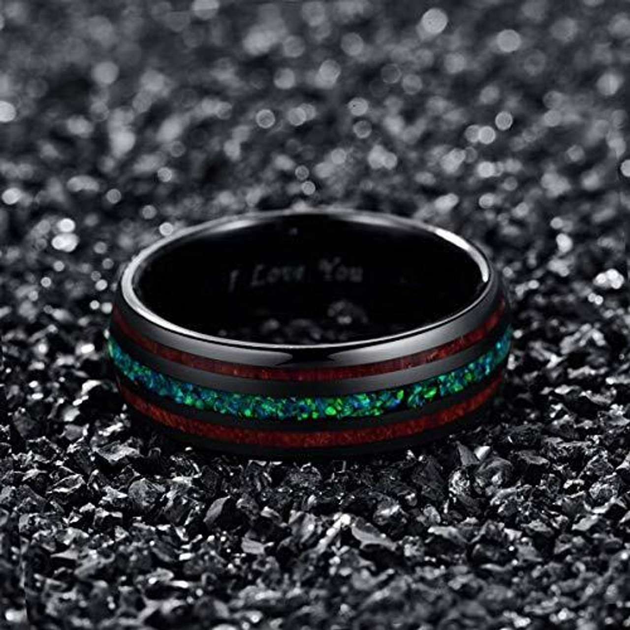 8mm - Unisex or Men's Tungsten Wedding Bands. Black Tone Multi Color Wood and Sea Green Opal Inlay Ring with I LOVE YOU engraved. (Organic colors)