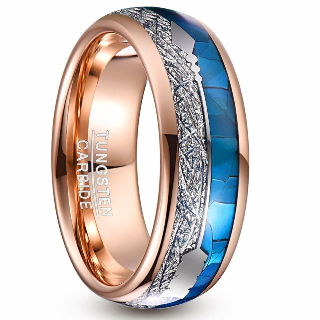 Women's or Men's Tungsten Wedding Band (8mm). Rose Gold Band with Cupid's Arrow with Inspired Meteorite and Blue Shell Inlay. Tungsten Carbide Domed Top Ring.