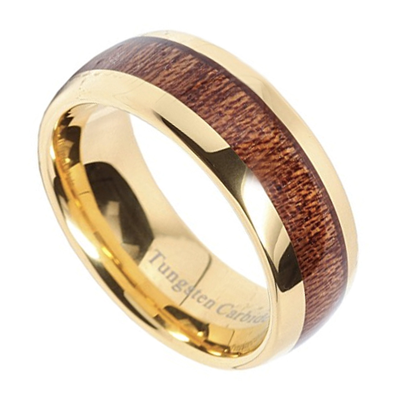 Men's Tungsten Wedding Bands (8mm). Wood Inlay and Yellow Gold Tone. Tungsten Ring with High Polish Dark Wood Inlay. Domed Ring