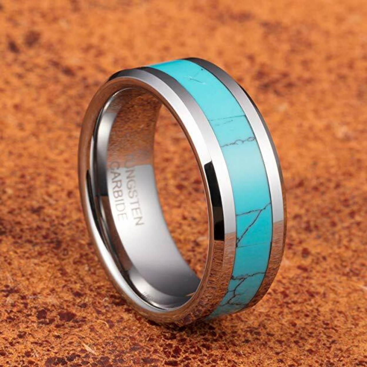 Men's or Women's Blue Turquoise Inlay Tungsten Wedding Band (8mm). Silver Tone Tungsten Carbide Ring Comfort Fit.