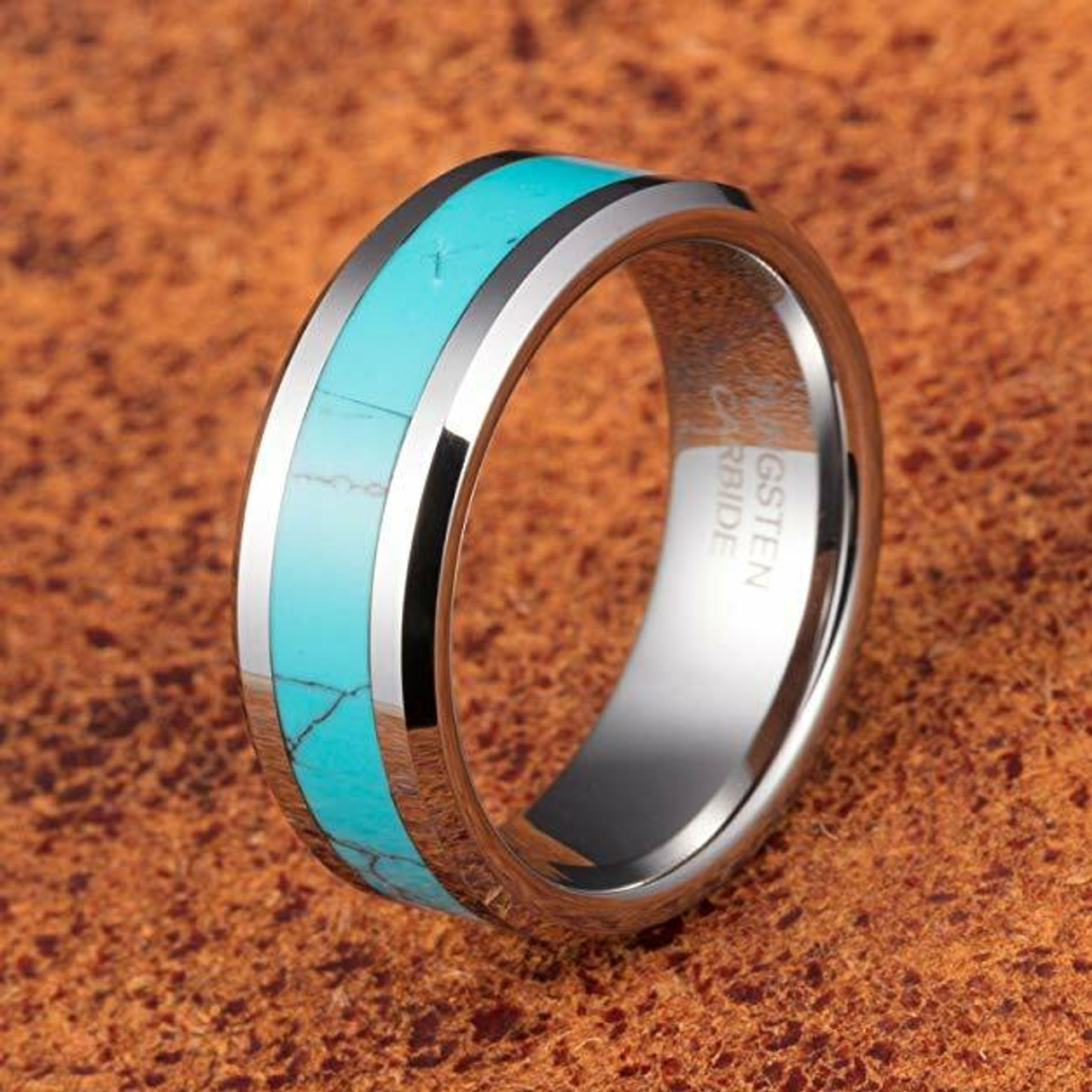 Men's or Women's Blue Turquoise Inlay Tungsten Wedding Band (8mm). Silver Tone Tungsten Carbide Ring Comfort Fit.