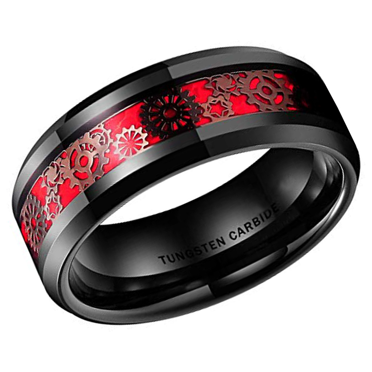 Men's Tungsten Wedding Band (8mm). Wedding Band Black with Dark Tone Mechanical Gear Over Red Opal Inspired Inlay. Tungsten Carbide Ring