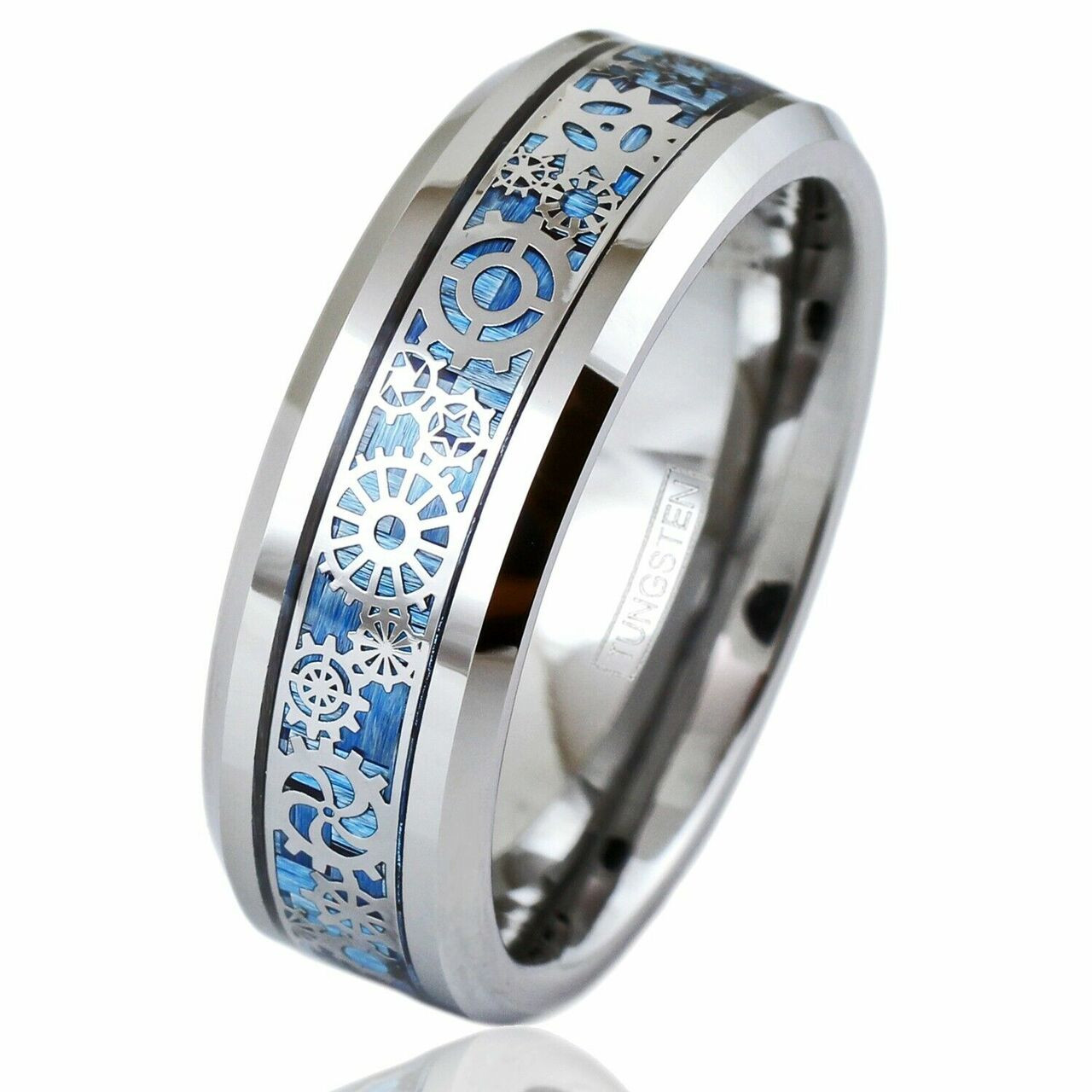 Men's Tungsten Wedding Band (8mm). Wedding Band Sky Blue Carbon Fiber Inlay Silver Band with Silver Mechanical Gears. Tungsten Carbide Ring