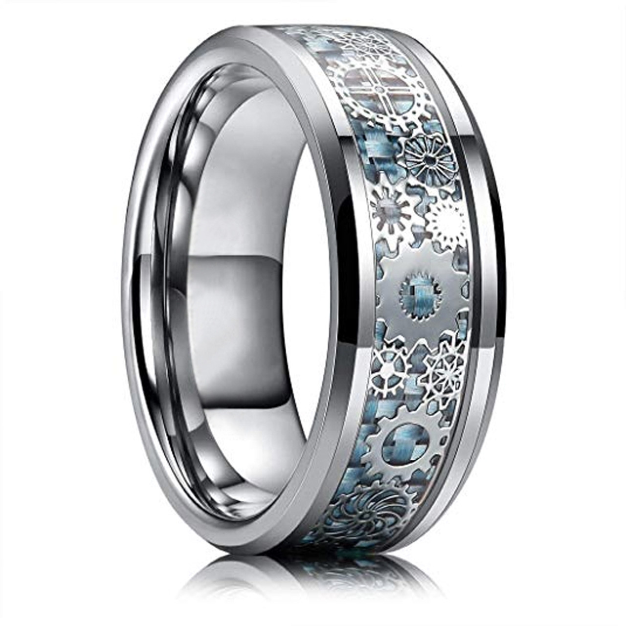 Men's Tungsten Wedding Band (8mm). Wedding Band Sky Blue Carbon Fiber Inlay Silver Band with Silver Mechanical Gears. Tungsten Carbide Ring