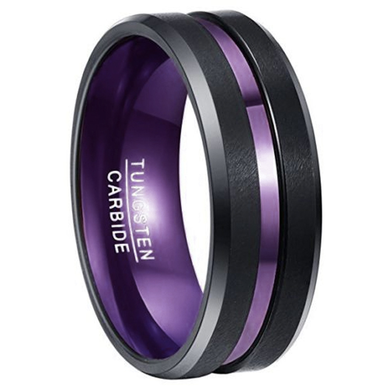 8mm - Unisex or Men's Wedding Tungsten Band. Black Matte Finish Tungsten Carbide Ring with Double Purple Tone. Beveled Edge