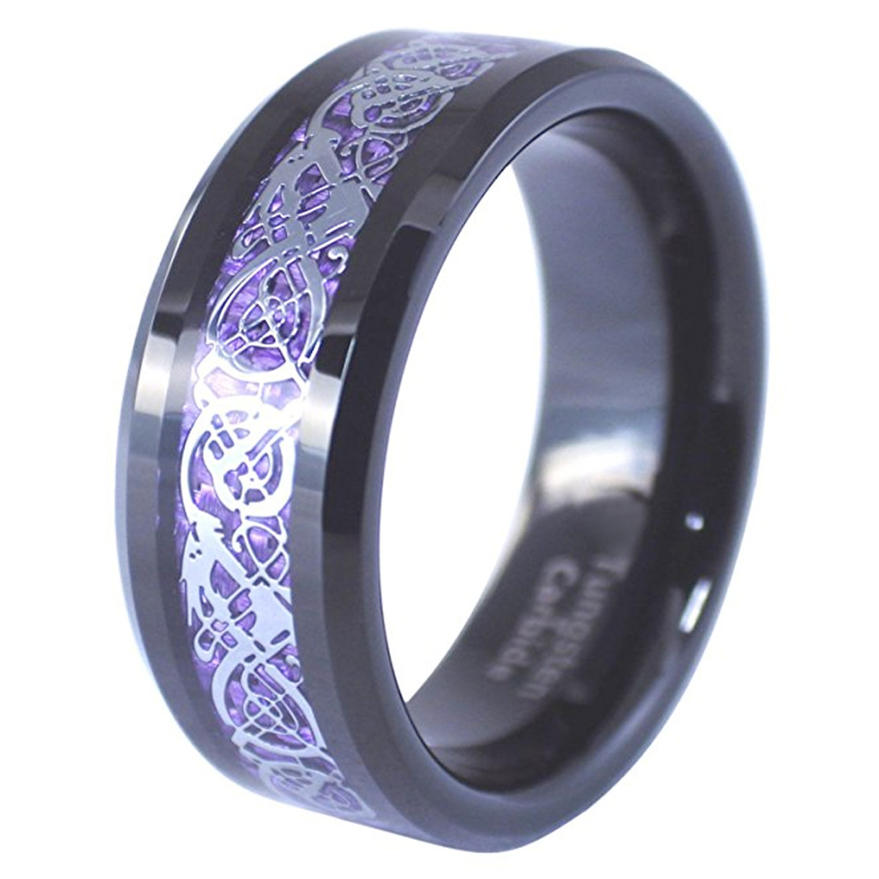 Men's Tungsten Wedding Ring (8mm). Mens Celtic Wedding Bands Black, Silver and Purple Inlay Celtic Knot Tungsten Carbide Ring