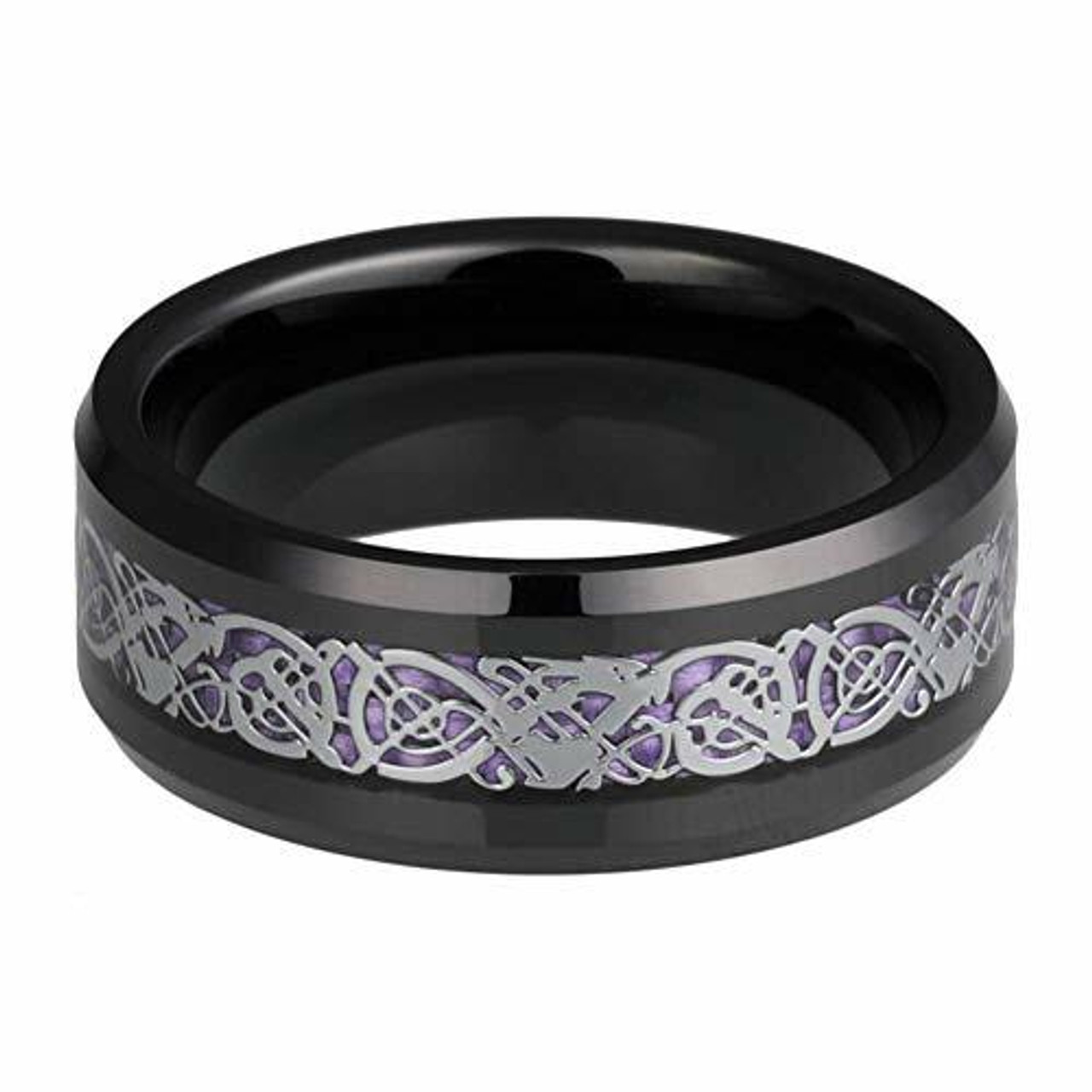 Men's Tungsten Wedding Ring (8mm). Mens Celtic Wedding Bands Black, Silver and Purple Inlay Celtic Knot Tungsten Carbide Ring