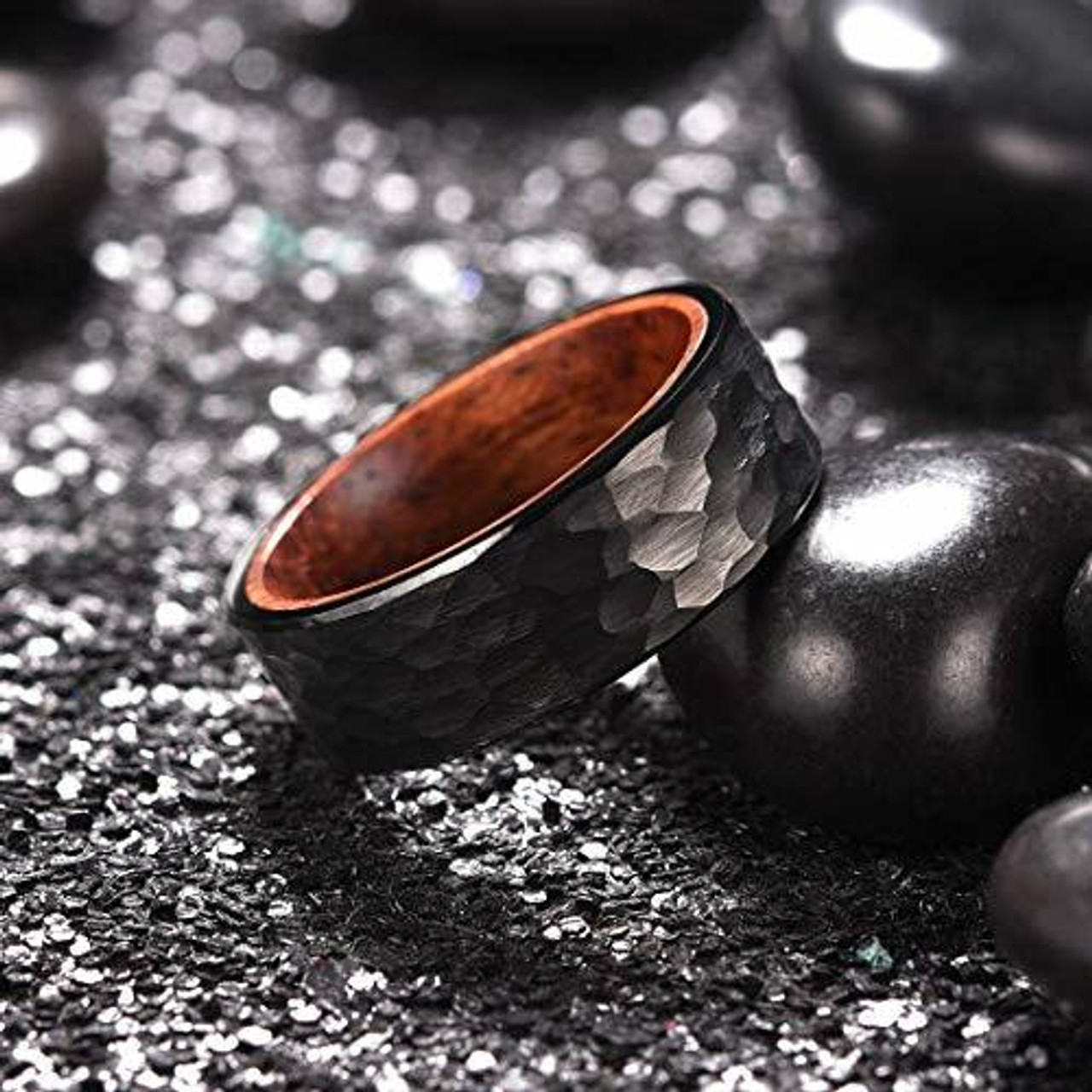 Men's Tungsten Wedding Band (8mm). Black Hammered Finish Tungsten Carbide Ring with Inner Wood Inlay.