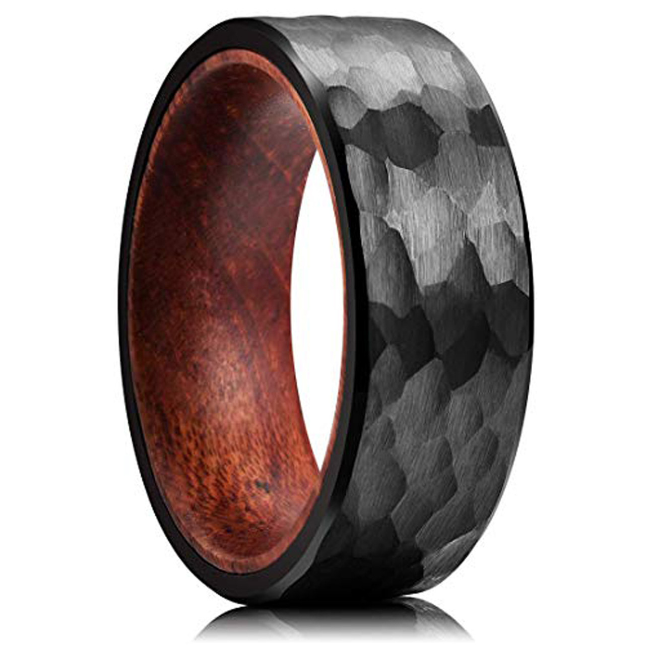 Men's Tungsten Wedding Band (8mm). Black Hammered Finish Tungsten Carbide Ring with Inner Wood Inlay.