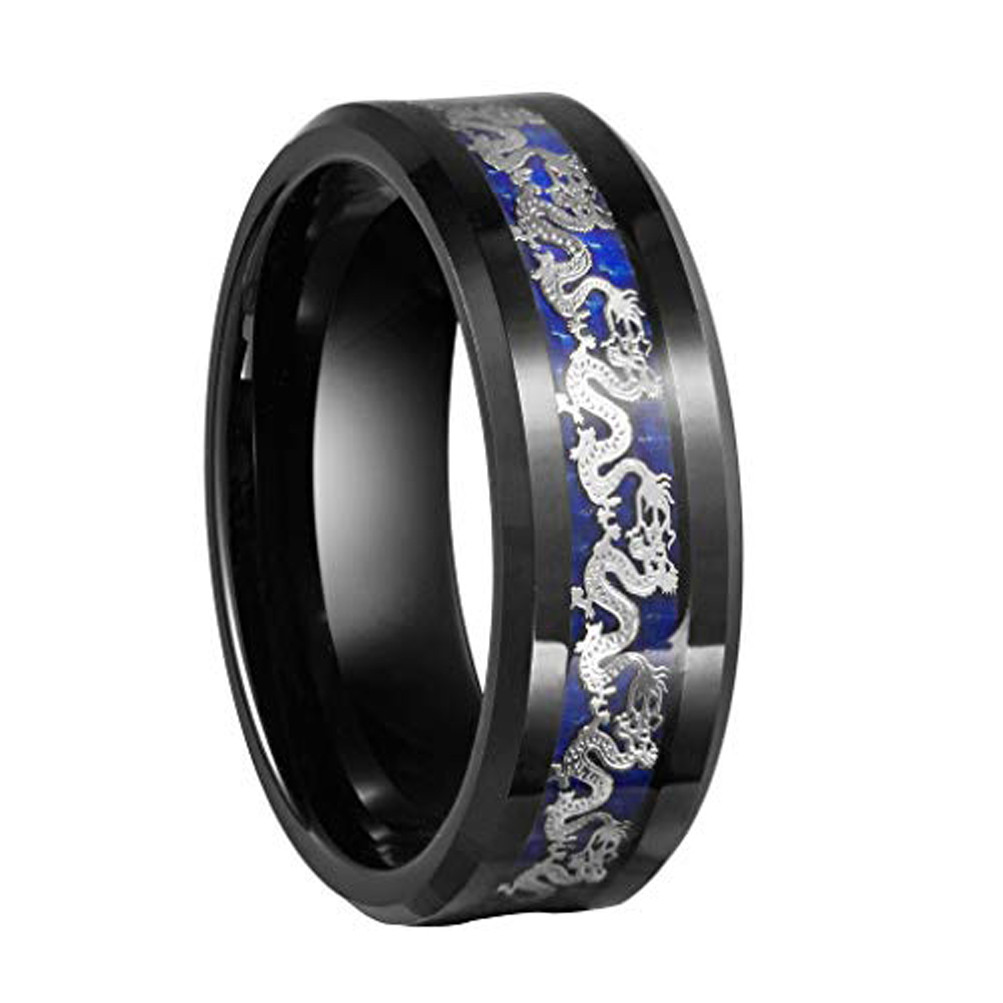 8mm Tungsten Carbide Men's Wedding Band – Black With Dragon Pattern (Size 9-12)
