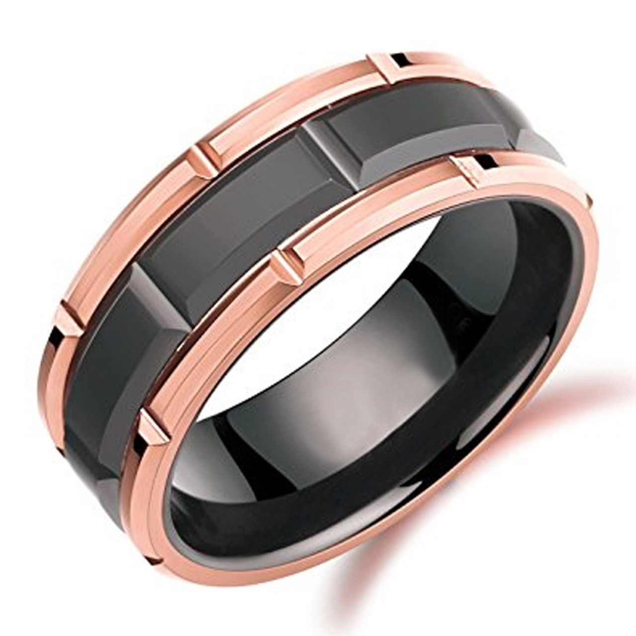 Men's Tungsten Wedding Band (8mm). Duo Tone Black and Rose Gold Tone Brick Pattern Tungsten Wedding Band Ring